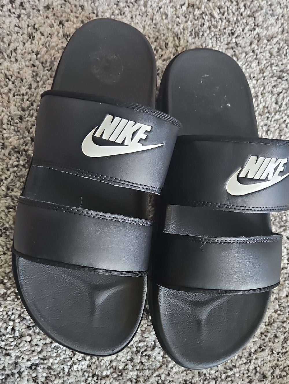 Nike Black Slides with White Swoosh Double Straps